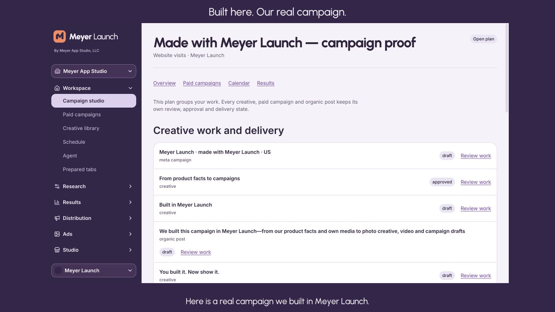 Our actual Meyer Launch campaign workspace, with linked photo, video, social and paid-ad drafts