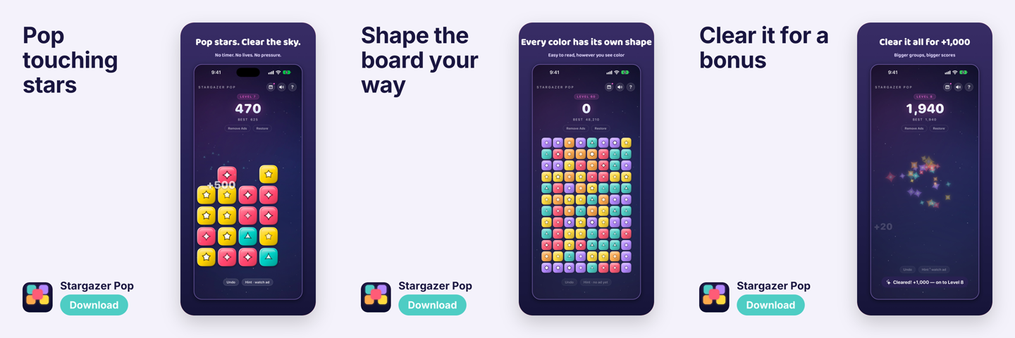 Actual Stargazer Pop carousel creative, using our own gameplay screenshots